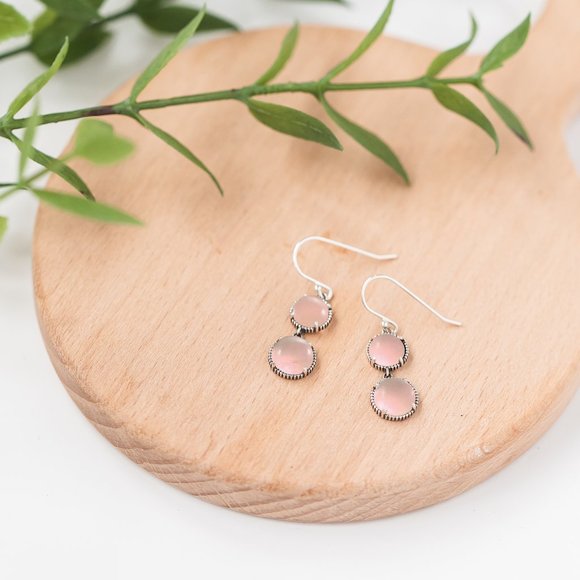 Recycled Antique Pink Depression Glass Sterling Silver Double Take Earrings - Picture 2 of 5